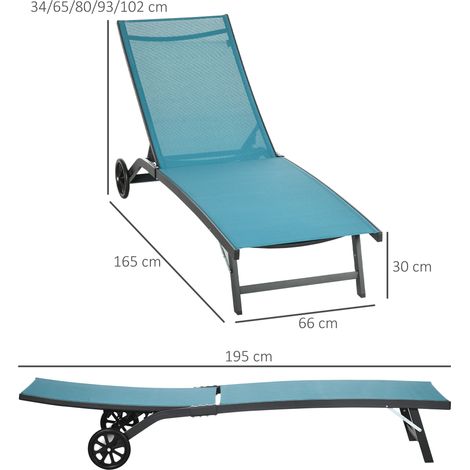 Chaise longue/transat à roulettes, dossier réglable, chaise longue de jardin en polyester et aluminium, bleue, 195 x 165 x 102 cm, pour un confort optimal en extérieur (1/5)