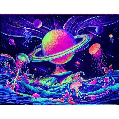 UV tapestry featuring an astronaut and fluorescent jellyfish, neon galaxy pattern, 200 x 150 cm (1/5)