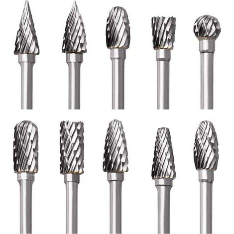 Set mit 10 doppelt geschliffenen Hartmetall-Rotationsfräsern, mit Schleifkopf und 3-mm-Griff, für Dremel-Rotationswerkzeuge, zum Gravieren von Holz, Polieren von Metall, Glas, Keramik und Schmuck (1/5)