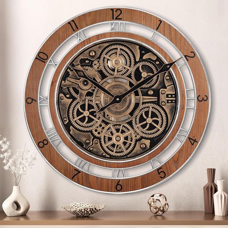 53cm Horloge Murale Geante avec Engrenages Mobiles Marron, Bois Industrielle Steampunk Grande Pendules Murales Vintage pour Décor Murale Salon Cuisine Bar (1/5)