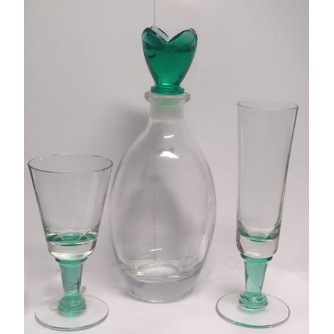 SET CARAFFA IN VETRO CON TAPPO VERDE + 6BICCHIERI PER ACQUA E 6 BICCHIERI PER VINO - CON DETTAGLI VERDI (1/4)