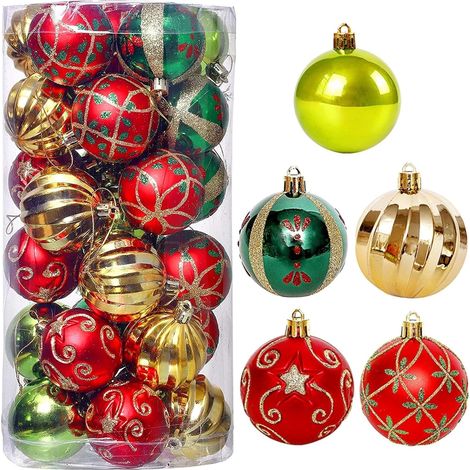 30 boules de Noël de 6 cm – dorées, rouges et vertes. Boules incassables à suspendre pour décorer le sapin, les fêtes, la maison et les réceptions. (1/5)