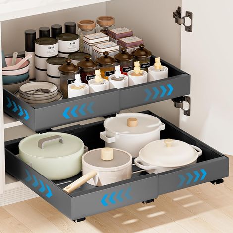 Tiroir Coulissant Cuisine, 2 Pièce Tiroir Télescopique Extensible (32-52x31x7 cm) Organisateurs D'armoire Coulissants Etagere Rangement Cuisine Telescopique pour Armoires de Cuisine Salon Maison (1/5)