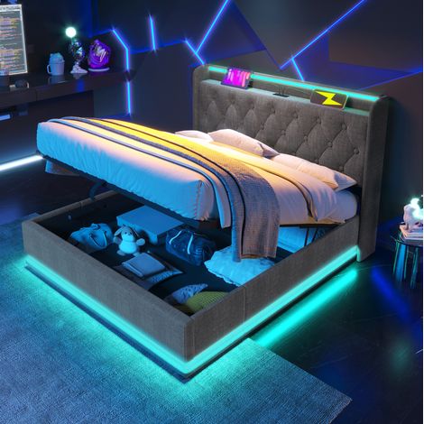Cama de almacenamiento de lino gris de 180x200 cm con LED, USB-C y somier de láminas incluido. (1/5)