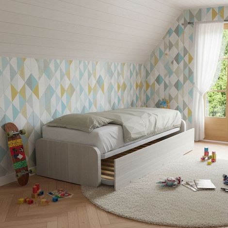 Letto singolo con letto estraibile, trasformabile in matrimoniale. Testate personalizzabili, reti in acciaio e doghe in faggio - Rovere rock