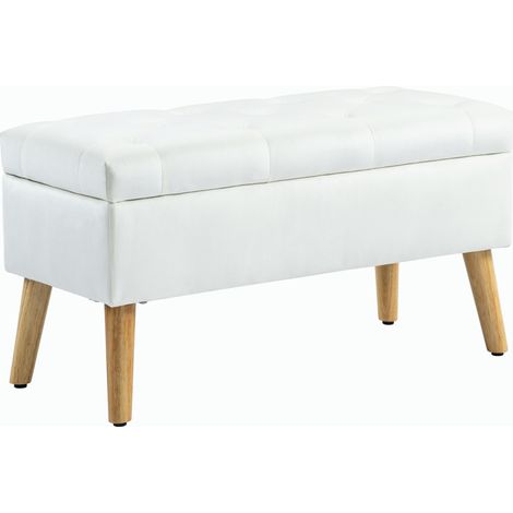 Banc de rangement en velours avec coffre et pieds en bois caoutchouc blanc 102 x 35 x 43 cm (1/5)