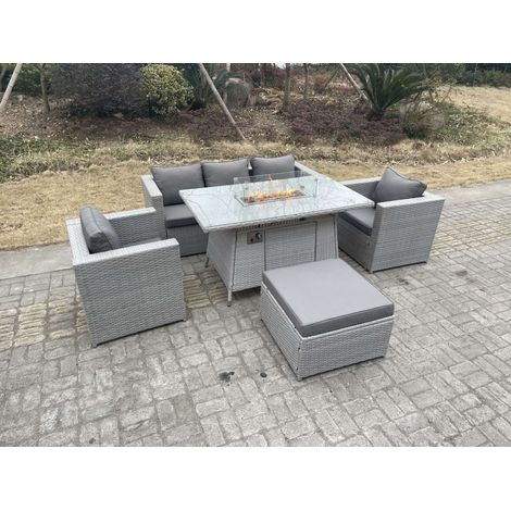 Fimous Light Grey Rattan Fire Pit Garden Furniture Set Gas Heater Burner Chairs With Big Footstool (1/5)