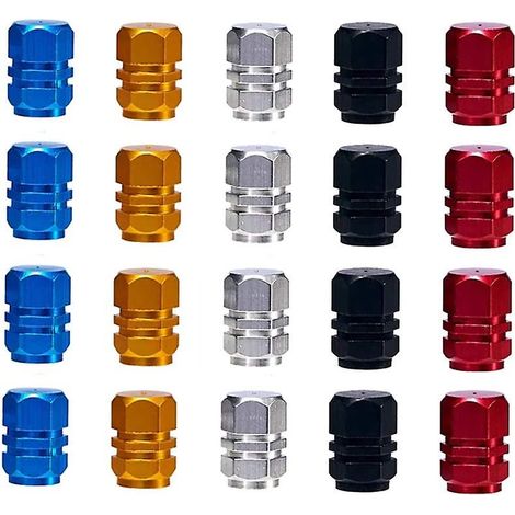 Bouchons de valve anti-poussière en alliage d'aluminium - Lot de 20 (argent, rouge, bleu et noir) pour moto, voiture et vélo (1/5)
