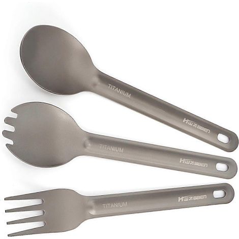 Campingbesteck (Löffel, Gabel, Spork) aus Titan, wiederverwendbar, ideal für Rucksackreisen und Camping.