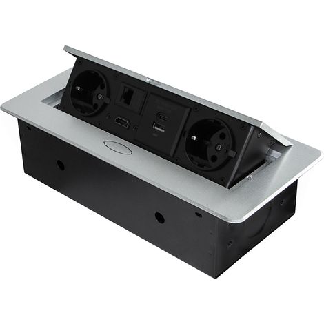 Emuca Multiconnettore Atom 26, 225x111mm, 2 prese Schuko, 1 USB tipo A, 1 USB tipo C, 1 RJ45, 1 HDMI, Zama-Acciaio-Plastica, Grigio metallizzata