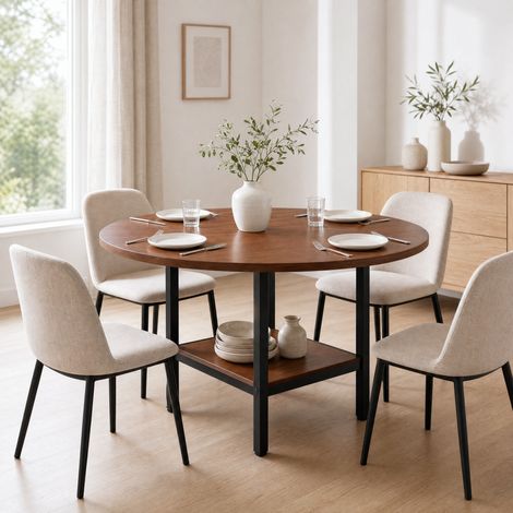 Tavolo da pranzo rotondo con ripiano, diametro 100 cm, MDF e metallo, noce e nero HAVRYA (1/5)