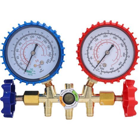 Manomètre climatisation 3 voies professionnel - Compatible R134A/R410A/R404A - Kit complet avec adaptateurs & outils (1/4)