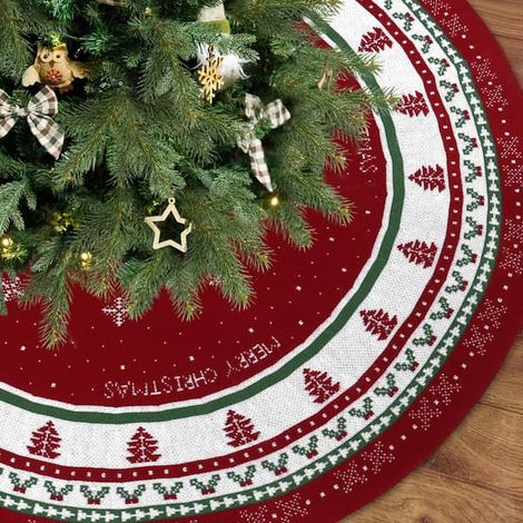 Tapis de sapin de Noël rond de 90 cm, rouge et vert, tricoté, motif flocons de neige, pour décoration intérieure de Noël. (1/5)