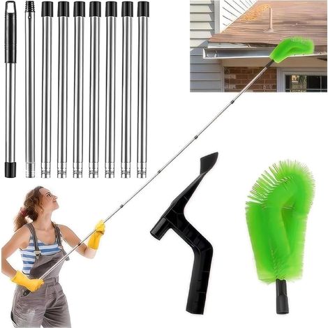 Nettoyeur de gouttières 360 cm et pelle de nettoyage 2 en 1, brosse à gouttières avec 9 pièces de manche télescopique, nettoyeur de gouttières facile à démonter, pour le nettoyage des (1/5)