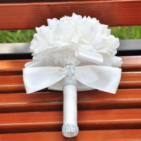 1 Bouquet de mariée artificiel, fleurs en mousse et strass, décoration blanche pour cérémonie (1/4)