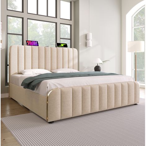 Letto matrimoniale 140x200 cm beige in lino con contenitore idraulico, USB e materasso H3 (1/5)