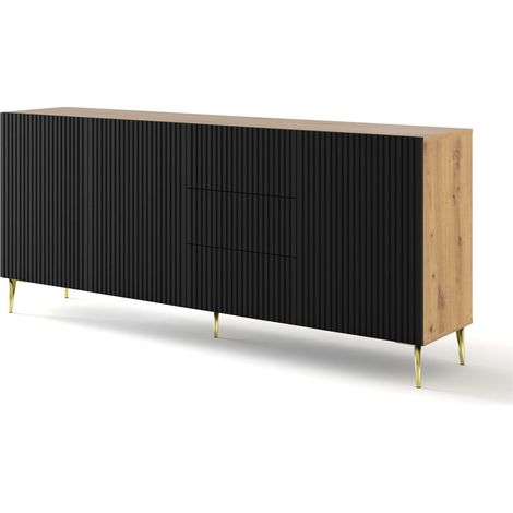 Commode de rangement Meuble Couleur Chêne Artisan Mat 200x42x87 RAVI B FILET 2D3S Pied or (1/3)