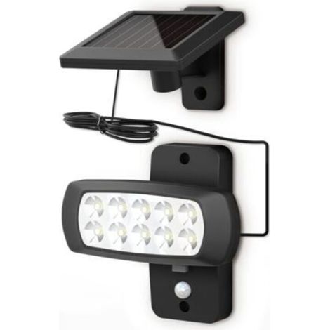 Lampe solaire LED extérieur IP44, détecteur de mouvements PIR, projecteur mural maison terrasse balcon noir, protégé contre des éclaboussures, lumière blanche froide 6500K (1/5)