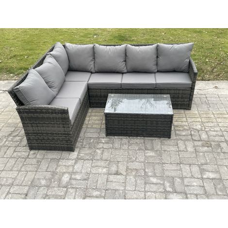Fimous Rattan Lounge Corner Sofa Set Wicker PE Outdoor Garden Furniture Set with Rectangular Coffee Table Dark Grey Mixed