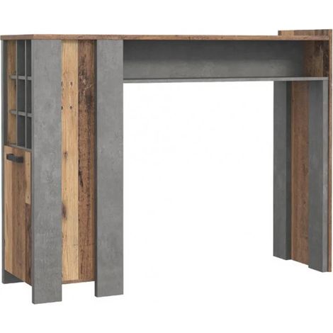 Table de bar 1 porte 9 niches décor bois vieilli et béton gris - BUCK (1/4)
