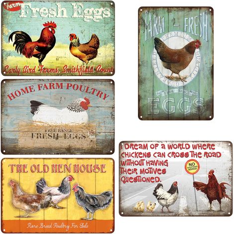 Lot de 5 plaques rétro 20 x 30 cm Pour poulailler Décoration ferme Style maison campagne Poulet vintage (1/5)