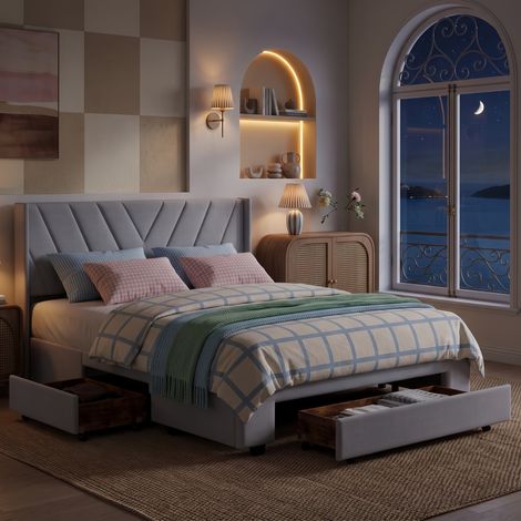 Lit double 140x190 cm avec 3 tiroirs rangement - tête de lit rembourrée tissu beige - lit rembourré double, sommier à lattes, scandinave (1/5)