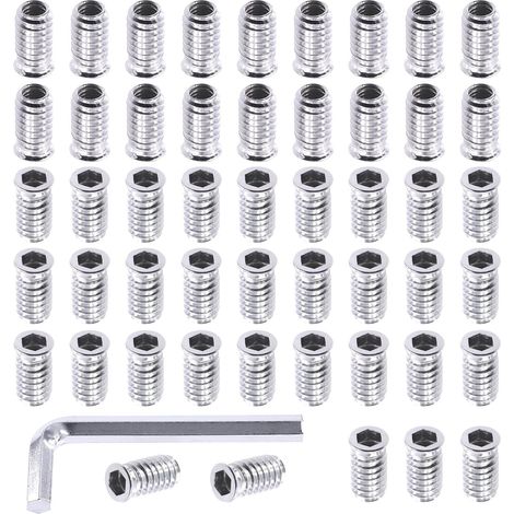 Lot de 50 écrous filetés en acier au carbone plaqué zinc blanc pour meubles Inserts filetés en bois Connecteur de fixation hexagonal 5 et 18 x 25 mm (1/4)
