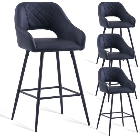 AINPECCA 4pcs Black Bar Stool Faux leather Seat w/Backrest &Armrest Metal Leg Kitchen Breakfast