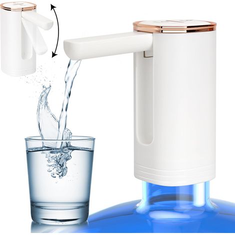 Pompe distributeur d'eau rechargeable USB, portable pour bouteille de 5 gallons, conception pliable, idéale pour le camping, la cuisine, le bureau et une utilisation en extérieur, en noir et blanc. (1/5)