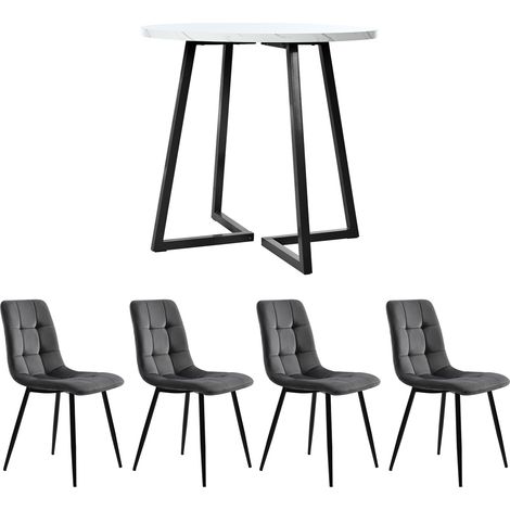 Set da pranzo moderno 5 pezzi con tavolo rotondo 80 cm in MDF bianco e 4 sedie in velluto grigio scuro (1/5)