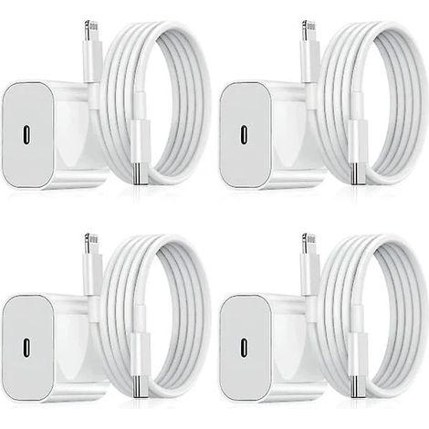 Pack de 4 chargeurs pour iPhone - Chargeur rapide - Adaptateur + câble de 2 m 20 W Lightning Blanc (compatible iPhone NT) (1/5)