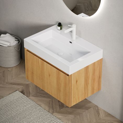 Lavabo mural 70cm pour salle de bain, vasque rectangulaire blanche en résine intégrée, meuble en contreplaqué strié avec un tiroir, pré-assemblé, finition bois naturel. (1/5)