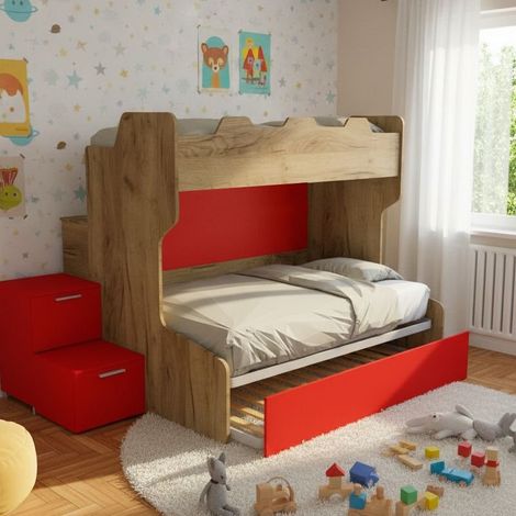 Letto a castello con gradini a cassetti e passerella - Una piazza e mezza e singola - Quercia e Rosso