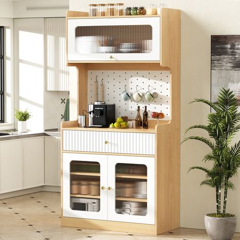 Aparador alto 80 x 40 x 180 cm con estantes ajustables, cajones, LED y vidrio texturizado (1/5)
