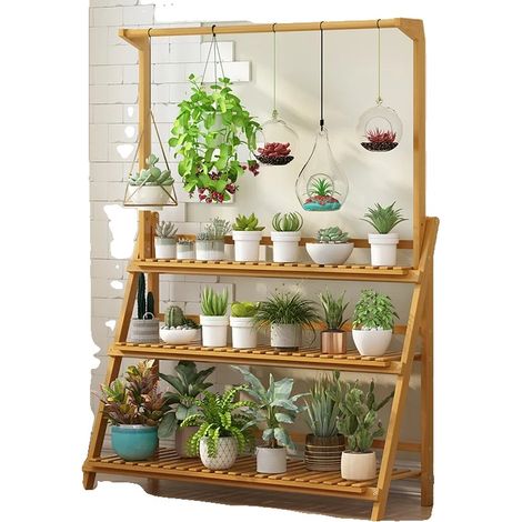 Soporte para plantas de 3 niveles, altura ajustable, bambú natural. (1/2)
