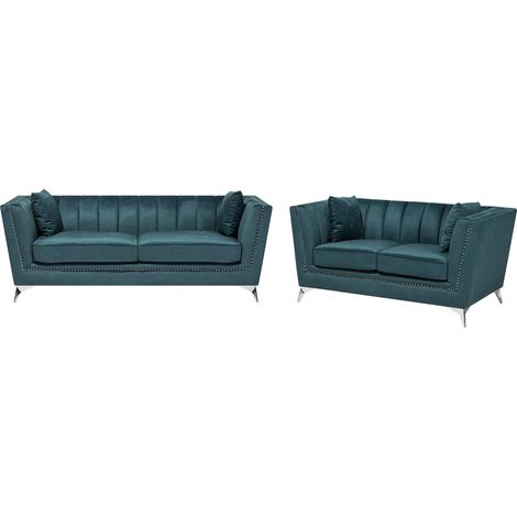 Conjunto de sofás 2 + 3 plazas tapizado azul/verde acabado con clavos acolchado Gaula