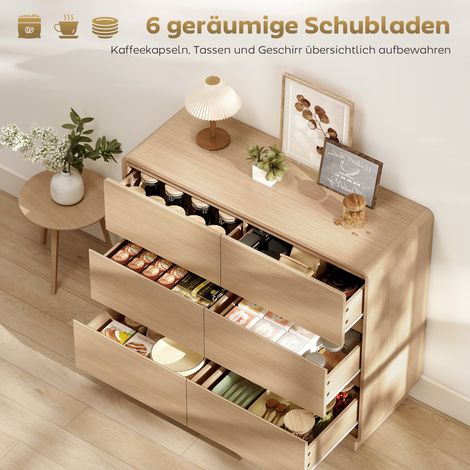 Buffet 100 cm, commode à 6 tiroirs, meuble de rangement en bois naturel pour cuisine, salon, salle à manger (1/5)