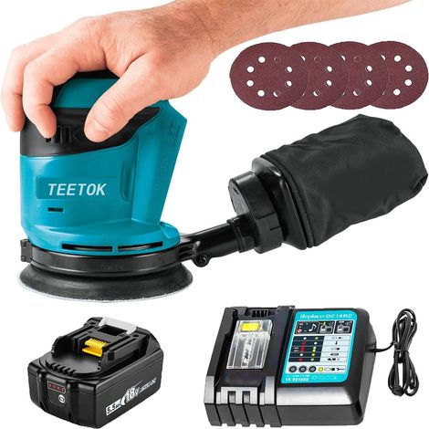 Exzenterschleifer,Akku-Exzenterschleifer,Bürstenlos, Exzenterschleifer Poliermaschine DBO180Z 18 V Ø125 mm mit Staubbeutel und 4 Scheiben + 1 x Akku + Ladegerät DC18RC,Kompatibel mit Makita-Akku (1/5)