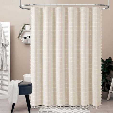 Bohemian shower curtain with tassels, linen fabric, ideal for bathroom décor, 92 x 183 cm (beige) (1/4)