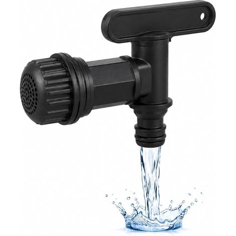 Robinet de sortie pour réservoir d'eau de pluie avec filtre - Robinet de 3/4" compatible avec raccord rapide standard - Robinet avec fonction d'arrêt pour réservoir d'eau de pluie (Noir) (1/5)