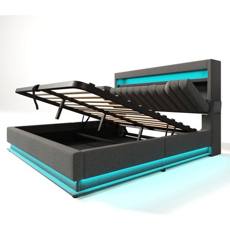 Cama doble 140 x 200 cm con almacenaje, cabecero USB Tipo C y LED, gris lino, sin colchón (1/5)