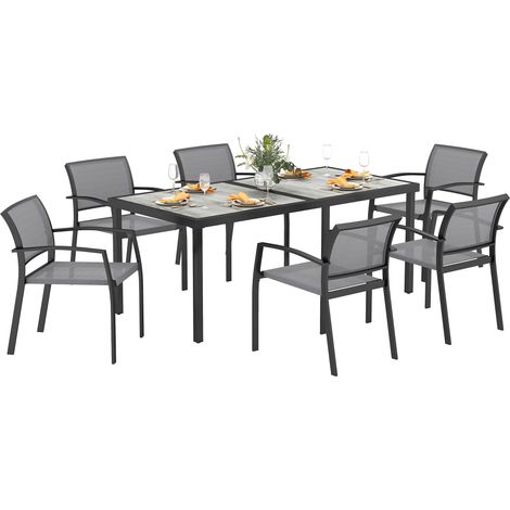 Outsunny Sitzgruppe 7 tlg. Essgruppe für 6 Personen Esstisch mit 6 Stapelbare Stühle, Esszimmergruppe Küchentisch-Set mit Stahlgestell Balkonmöbel Gartenmöbel für Terrasse, Balkon Grau (1/5)