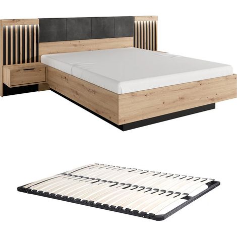 Letto con comodini e LED + Rete 160 x 200 cm Naturale e Nero - ARIADA (1/5)