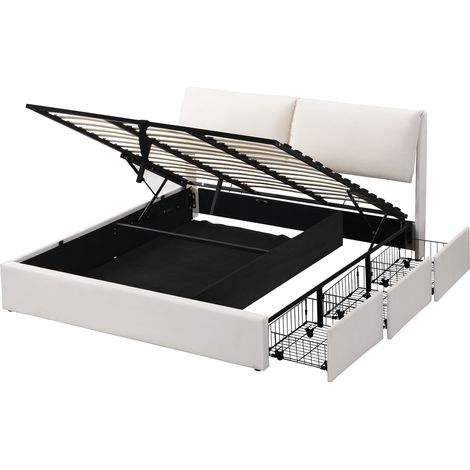 Lit coffre 180x200 cm en velours beige, 3 tiroirs, sommier à lattes, sans matelas MODENUIT (1/5)