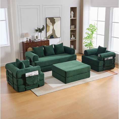 Divano modulare 4 posti in velluto a coste con pouf, struttura in metallo, cuscino laterale (1/5)