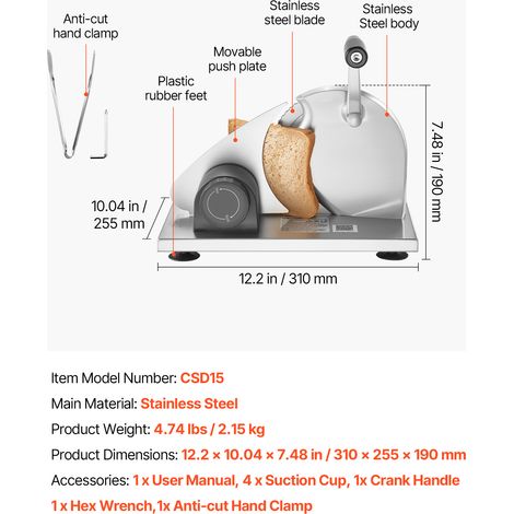 VEVOR Manual Bread Slicer, 0-15mm Adjustable Thickness Cheese Cutter, Hand-Cranked Bread Slicer with Micro-Serrated Stainless Steel Blade for Kitchen, Bakery, Party (1/4)