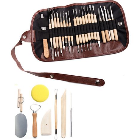 Lot de 30 outils de modelage en polymère, manches en bois et métal confortables, idéaux pour la sculpture et le bricolage créatif. (1/5)