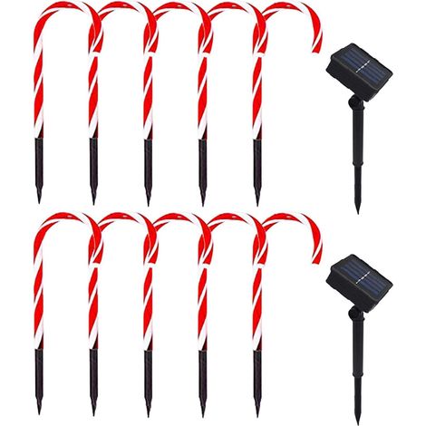 Lot de 10 Guirlande lumineuse solaire, forme canne de Noël, rouge et blanc, pour jardin, allée, arbre (1/5)