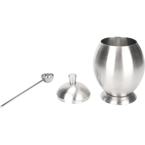 Pot à condiments ovale en acier inoxydable en forme d'œuf avec cuillère, pour épices et sucre, idéal pour la cuisine et les restaurants. (1/5)