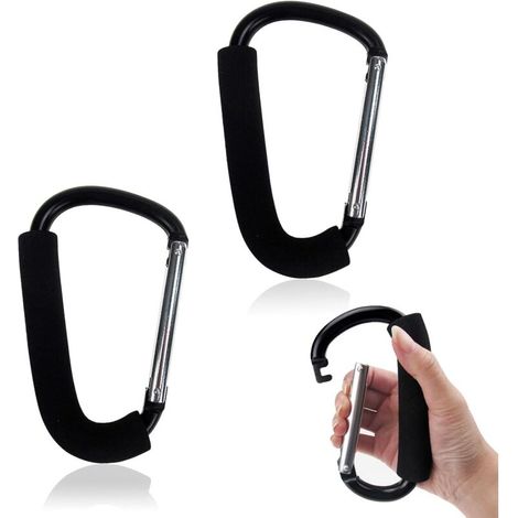 Set di 2 moschettoni, grandi ganci a clip in metallo nero, per campeggio, in lega di alluminio, con anello a molla, 16 x 10 cm, per appendere borse della spesa, borse portaoggetti, ombrelli e (1/4)